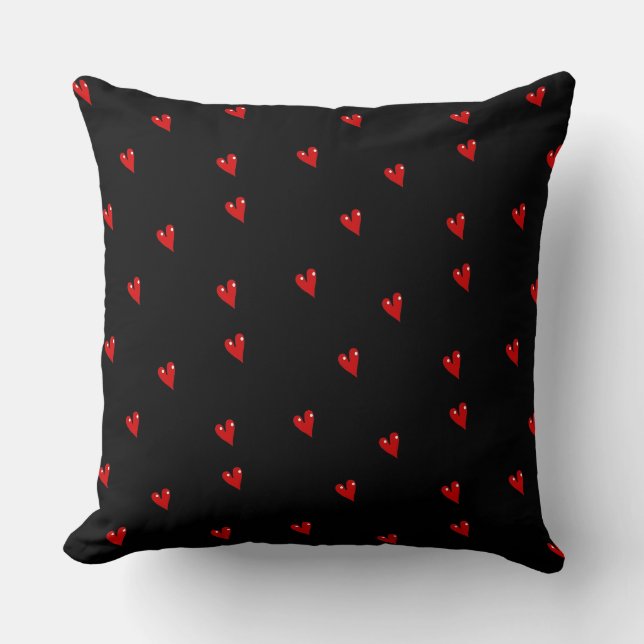 Red glossy hearts on black throw pillow (Front)
