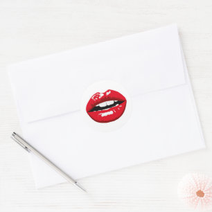 Red glossy lips on white classic round sticker