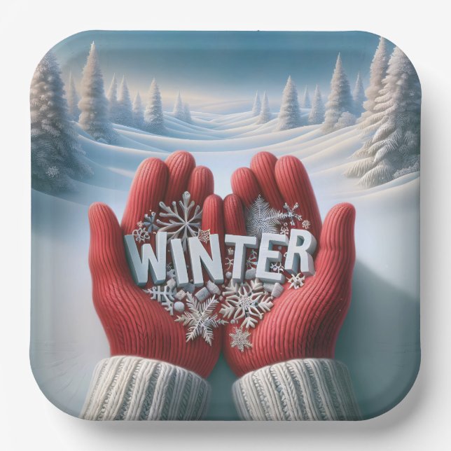 Red Gloves With Winter Text Paper Plate (Front)