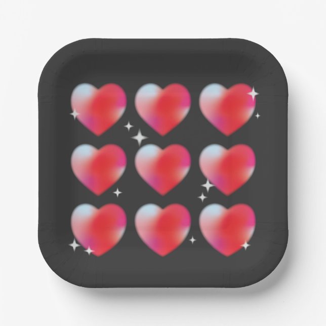 Red glowing hearts, valentine's day   paper plate (Front)