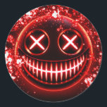 Red Glowing Smiling Face Cinders Halloween Party Classic Round Sticker<br><div class="desc">customize with any text.</div>