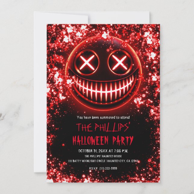 Red Glowing Smiling Face Cinders Halloween Party Invitation (Front)