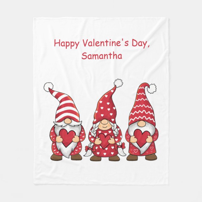 Red Gnomes with Hearts Personalized Valentine Day Fleece Blanket (Front)