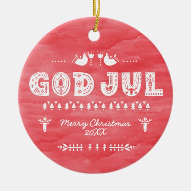 Red God Jul Swedish Christmas Ceramic Ornament (Front)