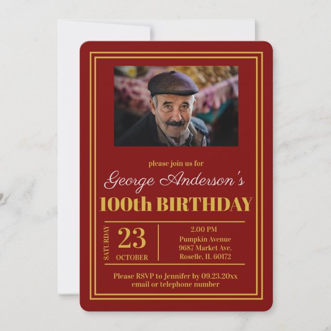 Red Gold 100th Birthday Party Invitation (Front)
