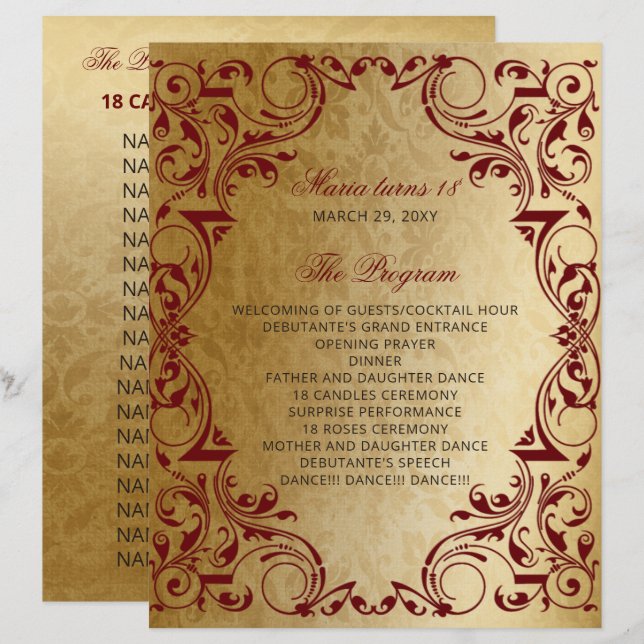 Red Gold 18 Candles and Roses Ceremony Program (Front/Back)