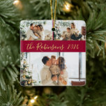 Red Gold 3 Family Photo Collage Christmas  Ceramic Ornament<br><div class="desc">Modern Simple Elegant Calligraphy Red and Gold 3 Family Photo Collage Merry Christmas Script Ceramic Ornament. This festive, minimalist, whimsical three photo holiday Ornament features a pretty grid photo collage and Family name and year. The family name is written in a hand lettered swirly font script in gold on red...</div>