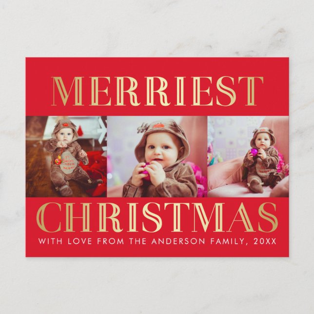 Red & Gold | 3 Photo Christmas Holiday Greeting (Front)