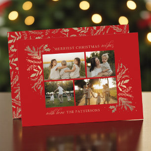 Red Gold 4 Photo Family Christmas Collage Holiday Card