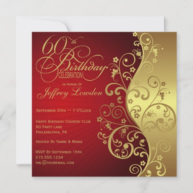 Red & Gold 60th Birthday Party Invitation (Front)