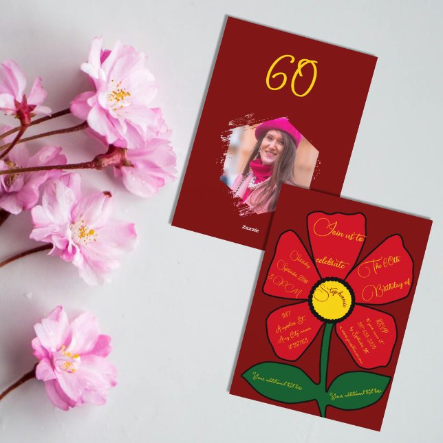 Red & Gold 60th Birthday Simple Doodle Flower Invitation (Creator Uploaded)