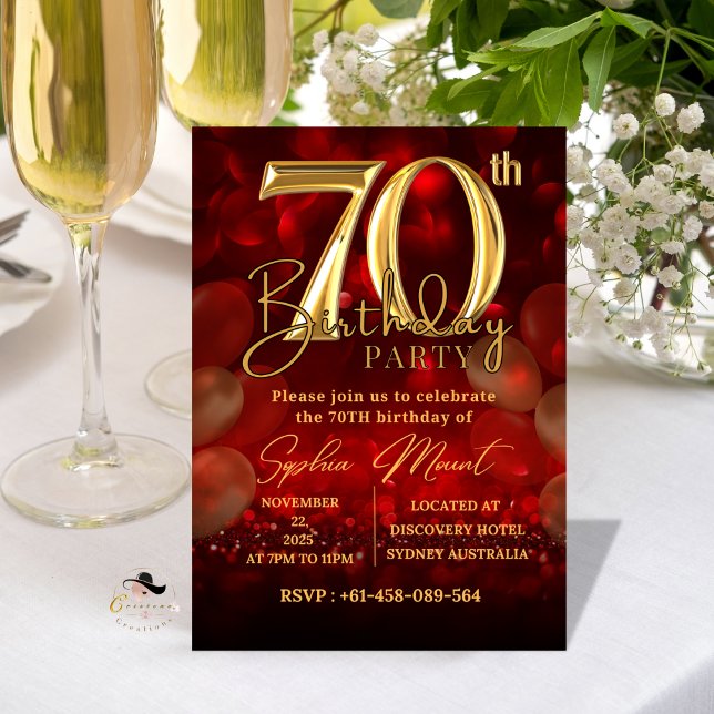 Red Gold 70th Birthday Invitations for grandmother (Creator Uploaded)