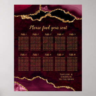Red Gold Agate Wedding 10 Tables Seating Chart