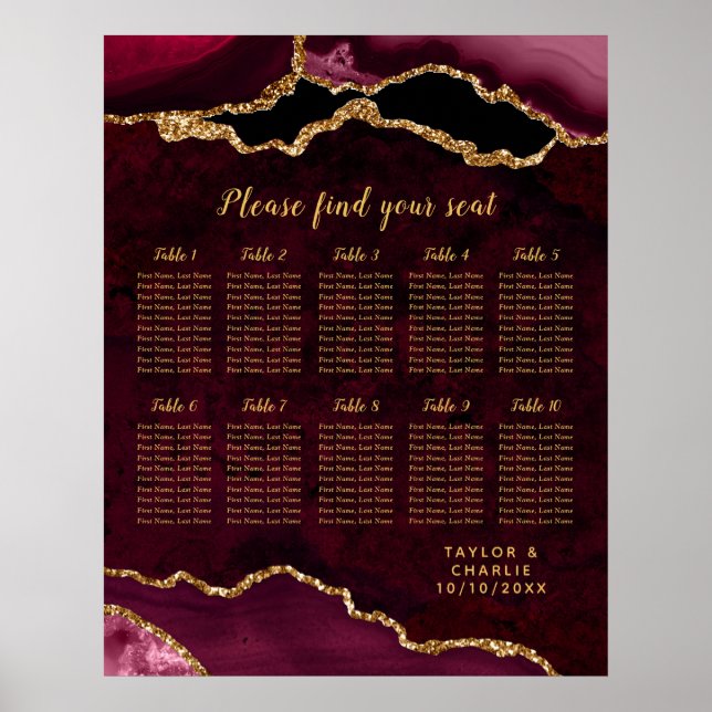 Red Gold Agate Wedding 10 Tables Seating Chart (Front)
