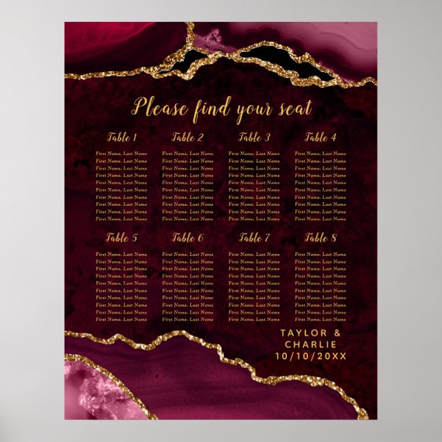 Red Gold Agate Wedding Seating Chart 8 Table (Front)