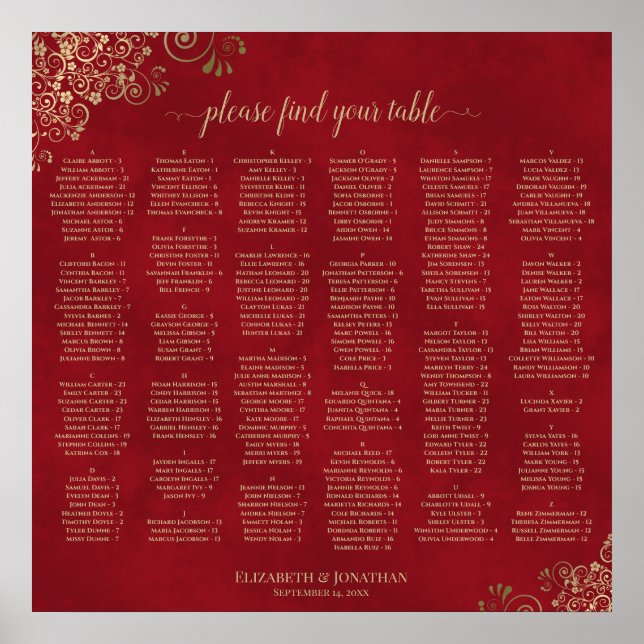 Red & Gold Alphabetical Wedding Seating Chart (Front)