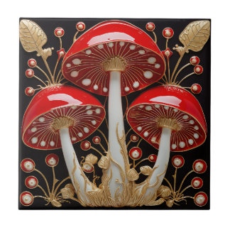 Red Gold Amanita Muscaria Mushroom 3D Effect Tile