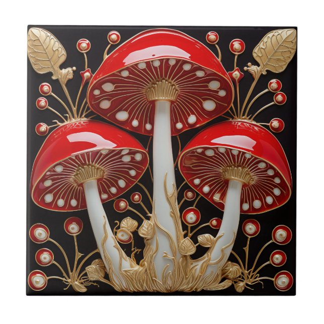 Red Gold Amanita Muscaria Mushroom 3D Effect Tile (Front)