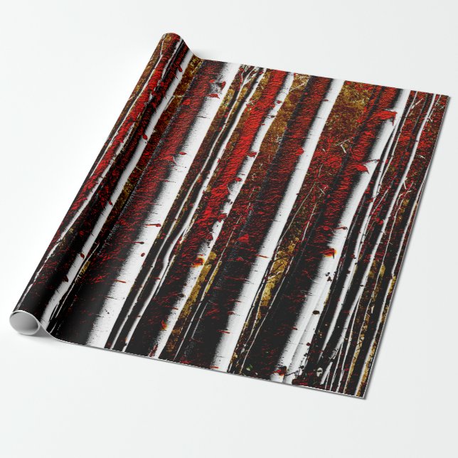 Red Gold and Black Birch Trees Wrapping Paper (Unrolled)
