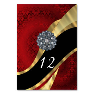 Red gold and black chic elegant damask table number