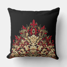 Red Gold and Black Damask Throw Pillow