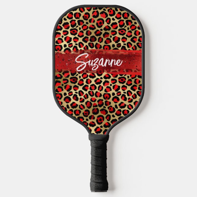 Red Gold and Black Foil Leopard Brush Strokes Pickleball Paddle (Front)