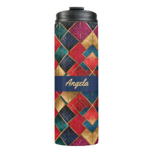 Red Gold and Blue Squares Thermal Tumbler