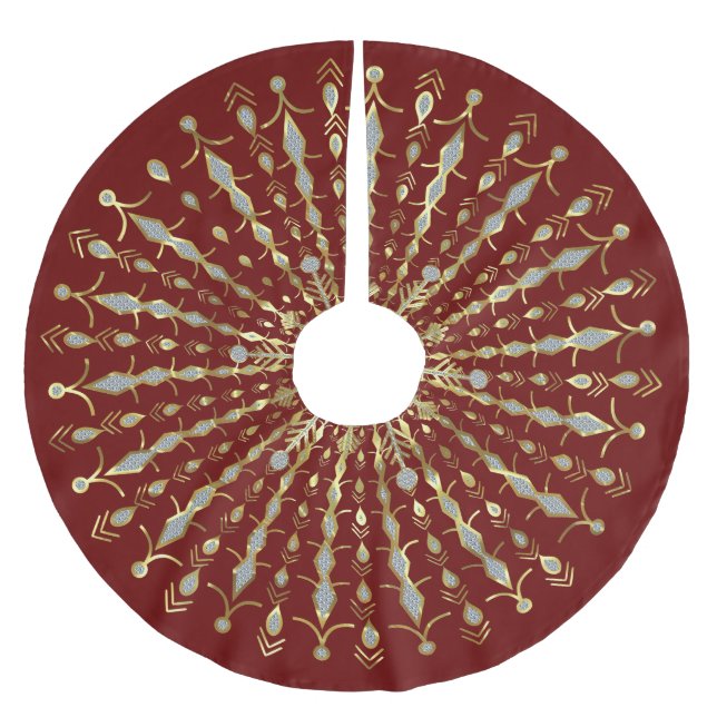 Red, Gold And Diamonds Glitter Sunburst Brushed Polyester Tree Skirt (Front)