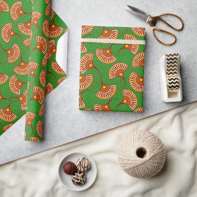 Red Gold And Green Ankara Fan Print Wrappin Wrapping Paper (Crafts)