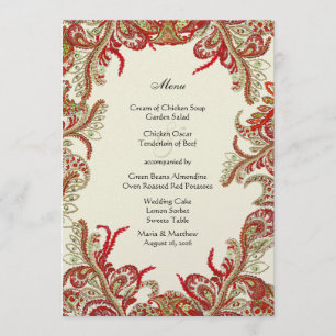 Red Gold and Lime Vintage Paisley Damask Wedding Menu