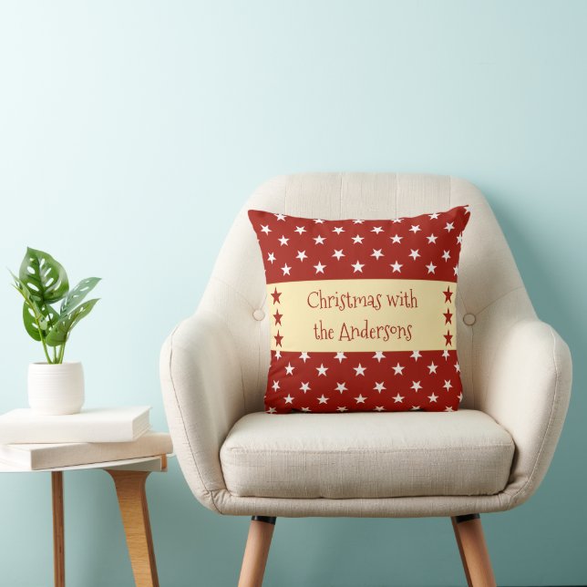 Red gold and white with stars and name Christmas Throw Pillow (Chair)