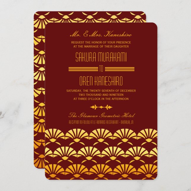 Red & Gold Art Deco Style Wedding Invites (Front/Back)