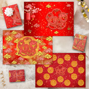 Red Gold Auspicious Clouds Chinese Zodiac Dragon Wrapping Paper Sheet