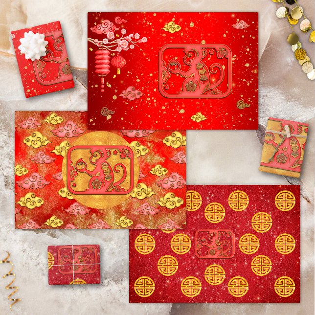 Red Gold Auspicious Clouds Chinese Zodiac Monkey Wrapping Paper Sheet (Creator Uploaded)