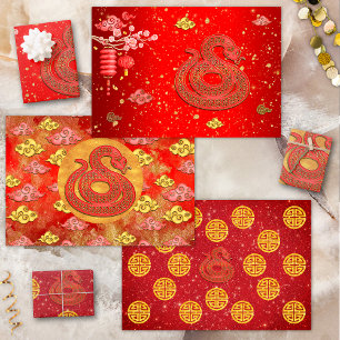 Red Gold Auspicious Clouds Chinese Zodiac Snake Wrapping Paper Sheet