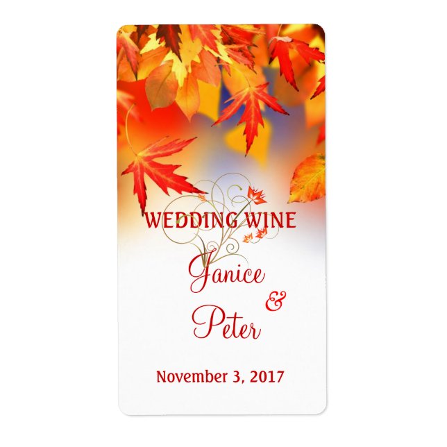 Red Gold autumn leaves Wedding Wine Label (Front)