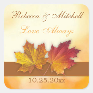 Red gold autumn maple leaves Wedding Square Sticker