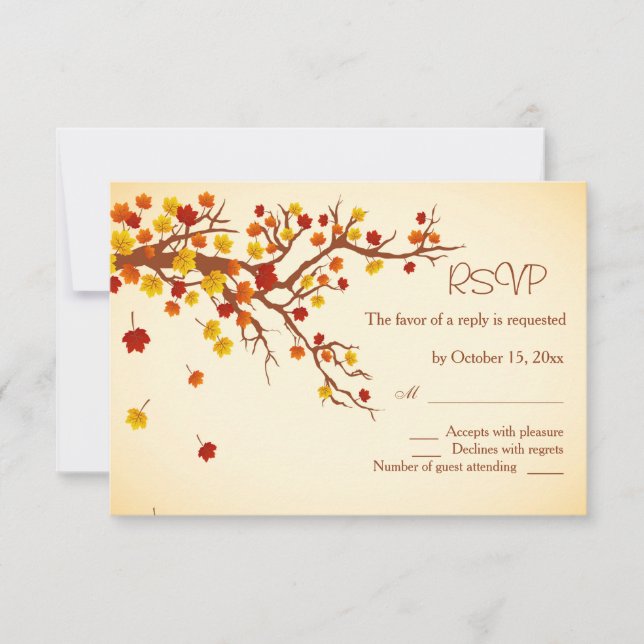 Red gold autumnal leavess Wedding RSVP Card (Front)