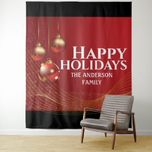 Red gold balls elegant ribbon Christmas greetings Tapestry