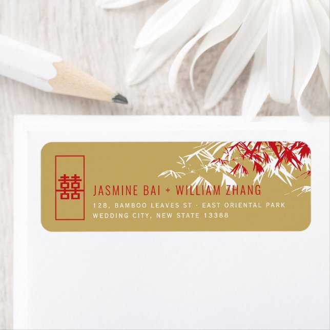 Red & Gold Bamboo Feuille Zen Asian Mariage Adress (En situation)