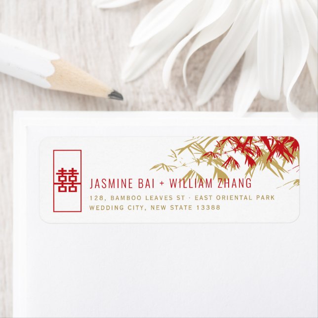 Red & Gold Bamboo Feuille Zen Asian Mariage Adress (En situation)