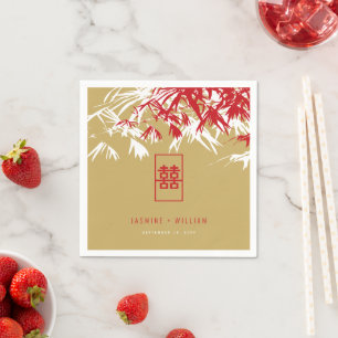 Red/Gold Bamboo Leaves Double Xi Chinese Wedding Napkin