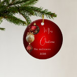 Red gold baubles Christmas Ceramic Ornament<br><div class="desc">A red gradient background. Decorated with red and gold baubles.  Personalize and add your name,  year.  Text: Merry Christmas</div>