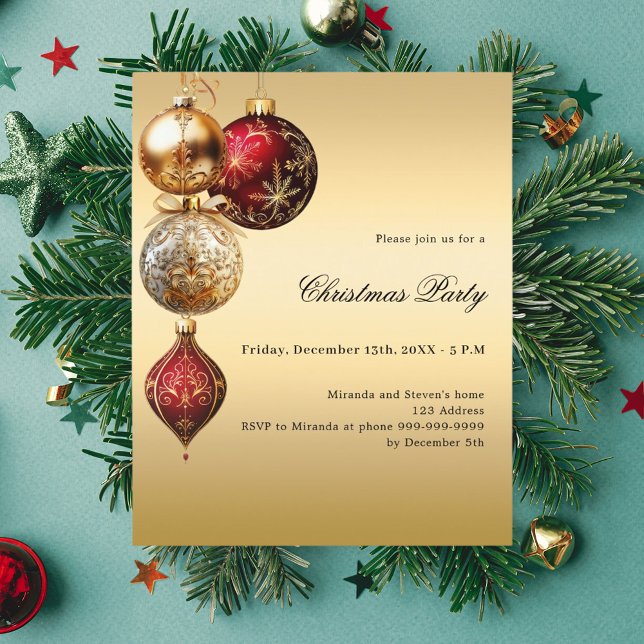Red gold baubles Christmas Party invitation (Creator Uploaded)