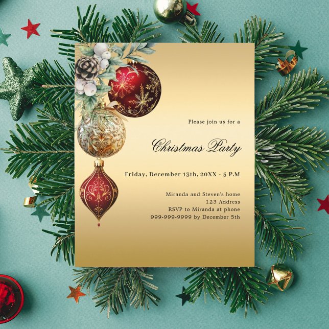 Red gold baubles pine Christmas Party invitation (Creator Uploaded)