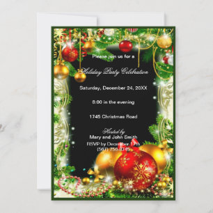 Red Gold Baubles Pine Christmas Party Invitation