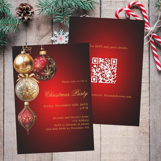 Red gold baubles QR code Christmas Party Invitation (Creator Uploaded)