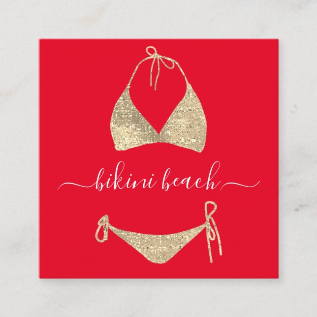 Red Gold Bikini Lingerie Beach Costume Underwear  Square Business Card (Front)
