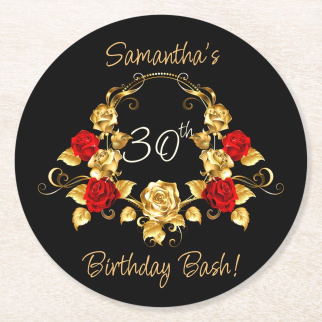 Red & Gold Birthday Round Paper Coaster (Front)