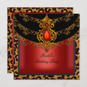 Red Gold Black Birthday Party Leopard Invitation